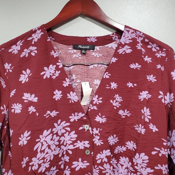 NWT Madewell Button Front V-Neck Cropped Long-Sleeved Cabernet Floral Top Sz XS - Picture 4 of 13